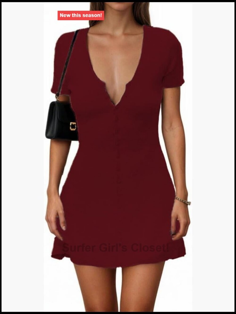 Ribbed Knit Deep V Neck Button Front Mini Dress Flowy A-Line